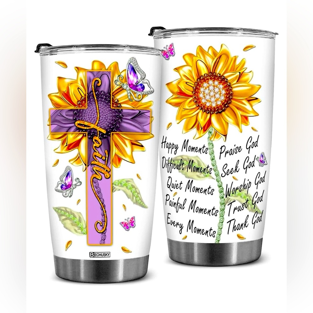 BECHUSKY Stainless Steel Tumbler 20oz Christian Cross Sunflower Women’s Gift NEW